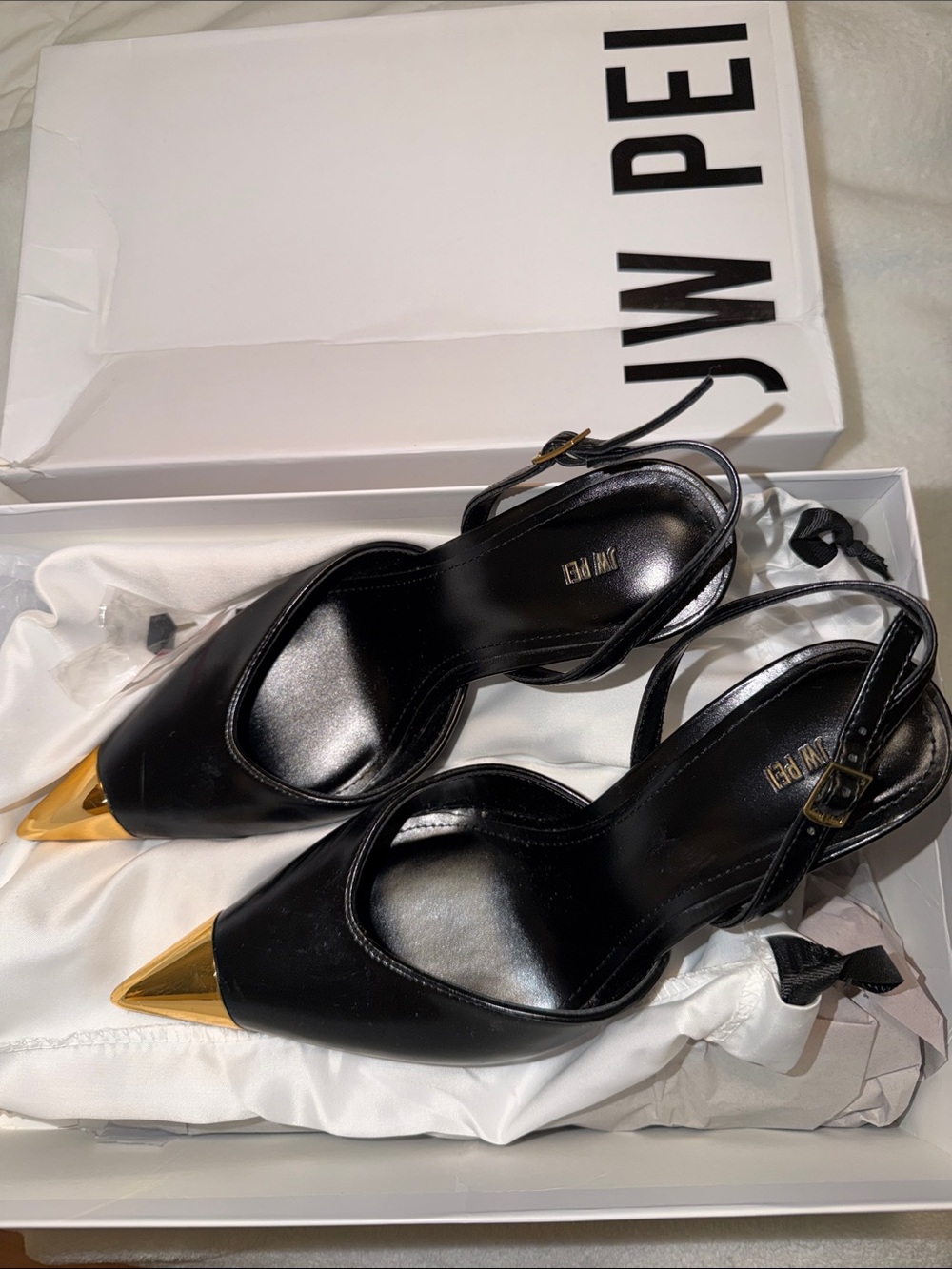JW PEI Black Slingback Pumps with Gold Pointed Toe